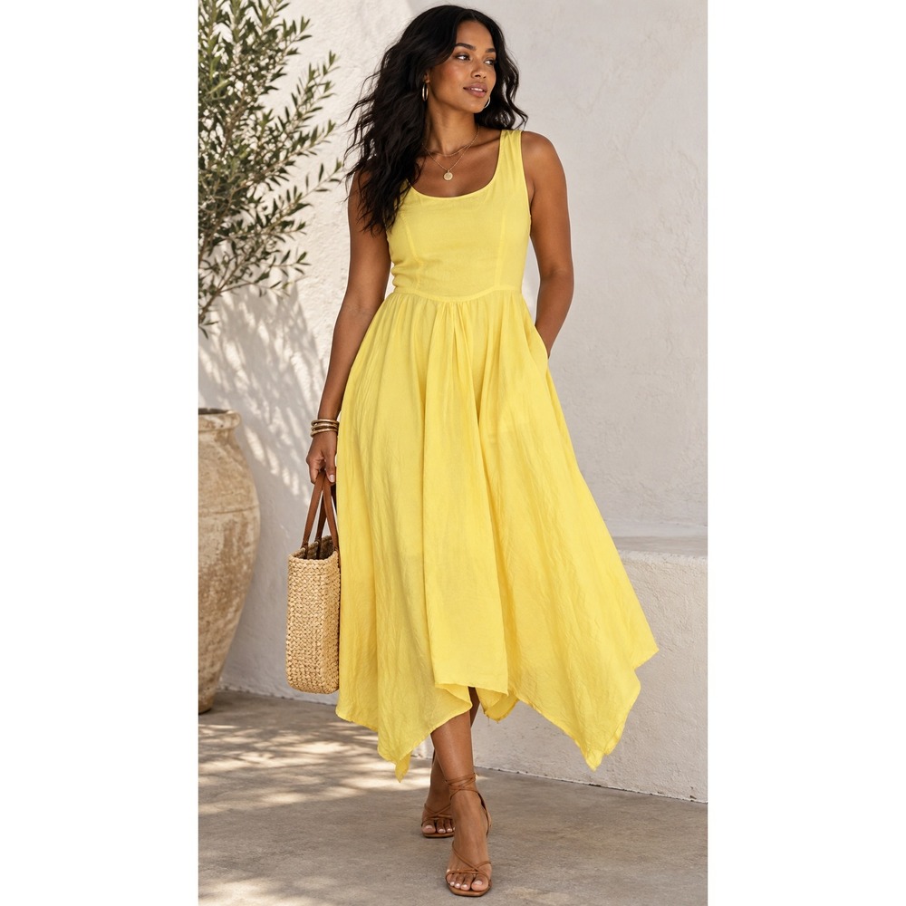 Studio West Apparel Yellow Cotton Linen Maxi Dress L Boho Lagenlook Asymmetrical
